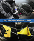 Gray dash brush and yellow towel from Pro Grade Car Interior Detailing Kit With Extendable Windshield Cleaner Tool, 14 Piece Set