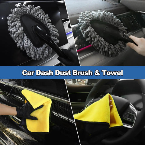 Gray dash brush and yellow towel from Pro Grade Car Interior Detailing Kit With Extendable Windshield Cleaner Tool, 14 Piece Set