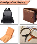 Backpack, wallets, and belts displayed as finished products in various colors and materials.