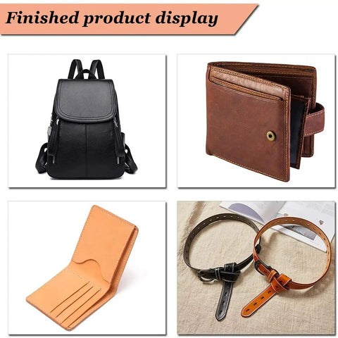 Backpack, wallets, and belts displayed as finished products in various colors and materials.