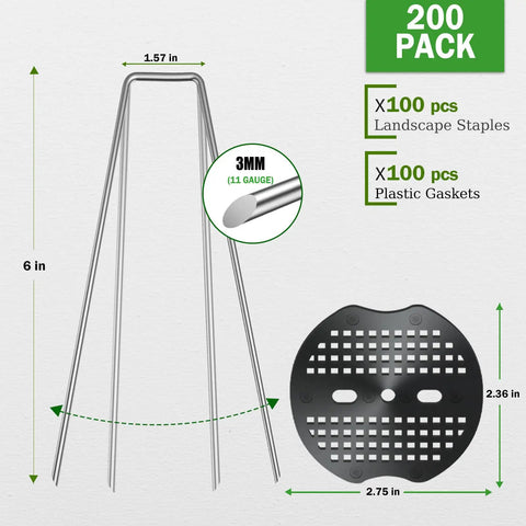 Image of 200 Pack Landscape Staples Garden Stakes 6 Inch 11 Gauge Galvanized Ground Pins for Weed Barrier Irrigation Tubing and Lawn Decor with illustration of staple dimensions and plastic gasket.