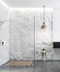 Modern bathroom with Chrome Shower Faucet Set With Rough In Valve And 8 Inch Square Shower Head, rainfall wall mount system visible.
