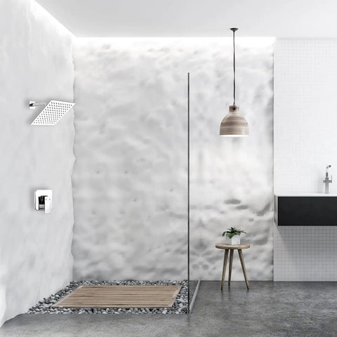 Modern bathroom with Chrome Shower Faucet Set With Rough In Valve And 8 Inch Square Shower Head, rainfall wall mount system visible.