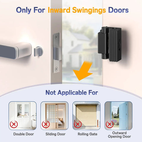 Built Tough Heavy Duty Door Reinforcement Lock For Inward Swinging Doors Screw Mounted Safety Latch with 800 lb Strength Aluminum Alloy Build Adjustable Knob Ideal For Apartments And Hotels Black 1 Pack, shown installed on door highlighting not applicable for other door types.