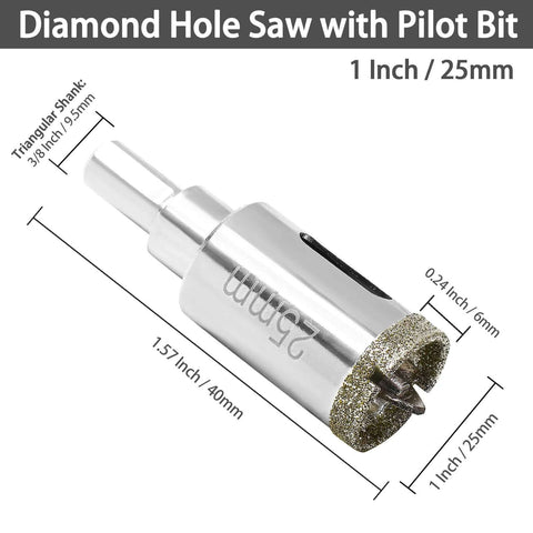 Qjaiune 1-inch diamond hole saw with pilot bit; 1-9/16 in cutting depth; for glass, tile, marble, granite.