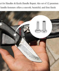 Person holding knife with black handle, inset showing Stainless Steel Knife Handle Rivets Five Sixteenth by One Half Inch Set of Twelve Durable Burr Free Corrosion Resistant Fasteners for Knife Making and Cutlery Handles.
