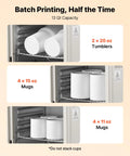 Interior view of 13Quart Sublimation Oven with 2 20oz tumblers, 4 15oz mugs, and 4 11oz mugs visible, showcasing 13 qt capacity.