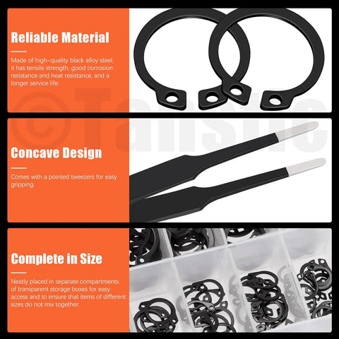 External Retaining Rings Kit 265 Pcs In 21 Sizes for axles and shafts snap ring circlip assortment set shown in packaging.