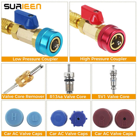 R134A Valve Core Removal Tool Set with red high-pressure and blue low-pressure couplers and various valve cores for car AC systems.