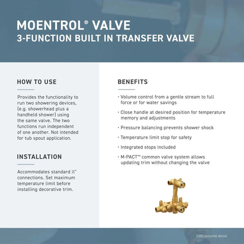 Moentrol valve system instructions and features with Rothbury Two Handle Volume Control Trim Chrome for M-PACT Valve System display.