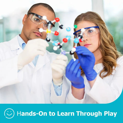 Two chemists examining a 240 Piece Molecular Model Kit for Organic Chemistry, Visualize 3D Molecules, Atom and Bond Building Set for Lessons in Chemistry, Perfect for Chem Nerds and Students From Grade 7 to Graduate Level, Includes 86 Atoms and 154 Bonds in a lab setting