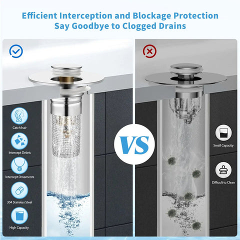 Comparison of Rock Solid Two Pack Bathroom Sink Stopper And Pop Up Drain Strainer Fits 1.06 To 1.5 Inch Pipes With Clog Proof Basket Filter.