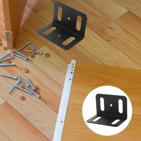 4 Pack Heavy Duty L Shape Metal Brackets for wood shelves, iron right angle corner brackets near wooden board and screws.