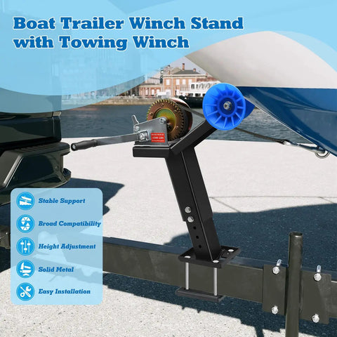 Boat Trailer Winch Post With Bow Stop Roller, 1200 Lb Winch Included, Heavy Duty Adjustable Up Down Stand For Stable Secure Boat Hauls, mounted on trailer tongue