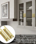Gold ABS self-adhesive handles on glass cabinets in kitchen, 10 Pack Self Adhering Push Pull Handles ABS Plastic For Wardrobe Cabinets Drawers Instantly Improve Access With No Drilling Leaves No Traces On Smooth Surfaces Gold Finish Durable Easy To Install.