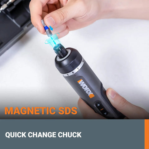 Hand holding 4V Lithium Cordless Screwdriver Kit with 30 Piece Accessory Pack, showing magnetic SDS and quick change chuck feature.
