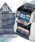 Two Pocket Money Counter With Pro Grade Bank Counterfeit Detection For Mixed Denomination And Multi Currency, shown with reject pocket and features.