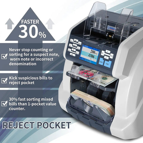 Two Pocket Money Counter With Pro Grade Bank Counterfeit Detection For Mixed Denomination And Multi Currency, shown with reject pocket and features.