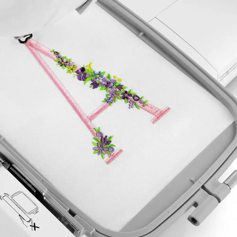 Letter A embroidered with flowers on PE900 Embroidery Machine With 5 x 7 Inch Field Size, Wireless WLAN, Jump Stitch Cutter