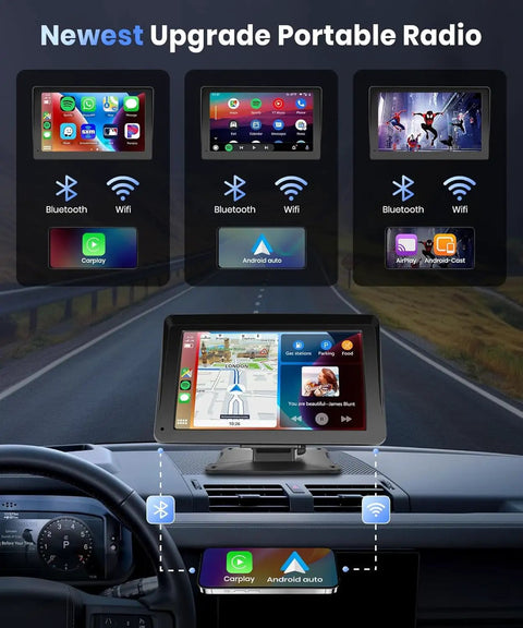 7 Inch Portable Car Stereo With Wireless CarPlay And Android Auto Touch Screen Car Radio showing interface and connectivity features