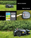 Smart Automatic Robotic Lawn Mower With Self Charging And Rain Avoidance, Lift And Tilt Safety Sensors operating in garden