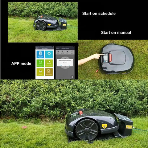 Smart Automatic Robotic Lawn Mower With Self Charging And Rain Avoidance, Lift And Tilt Safety Sensors operating in garden
