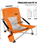 Low Profile Beach Chair Set Of 2 For Adults And Kids, Foldable Sling Chairs With Cup Holder, Portable Carry Bag, Orange