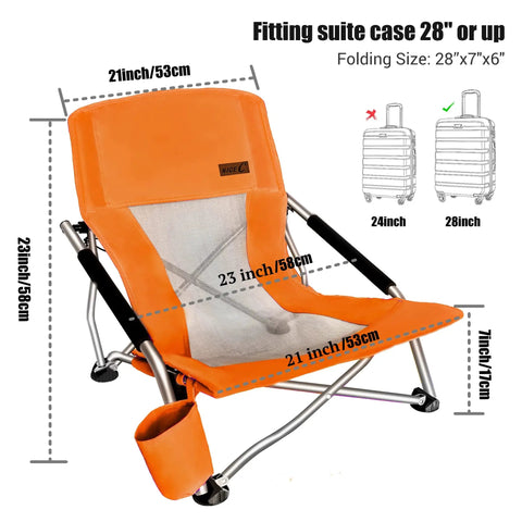 Low Profile Beach Chair Set Of 2 For Adults And Kids, Foldable Sling Chairs With Cup Holder, Portable Carry Bag, Orange