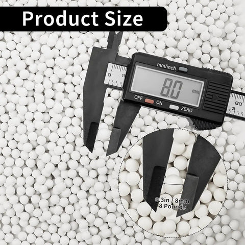 Eight Pound Ceramic Rock Tumbling Filler Media Pellets, 0.8 Cm Round White Tumbling Balls with caliper measuring 8mm diameter