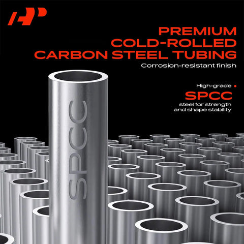 Close-up of SPCC cold-rolled carbon steel tubing with corrosion-resistant finish, shown in a stacked arrangement.