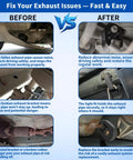 Before and after comparison of exhaust pipes with Beefed Up 16 Piece Exhaust Hanger Kit for improved safety and noise reduction.