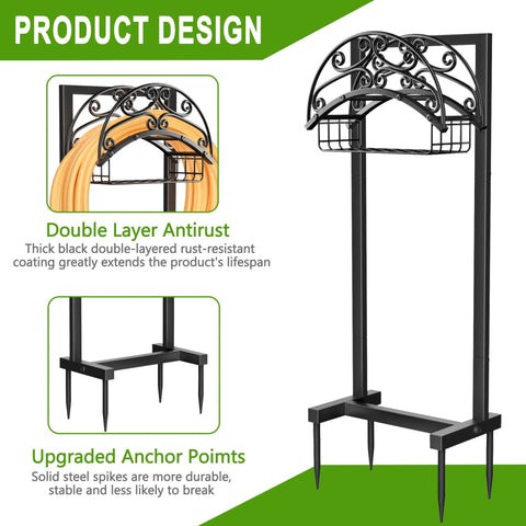 Heavy Duty Freestanding Garden Hose Holder With Reel Stand And Storage Basket No Brainer Outdoor Yard Organizer design