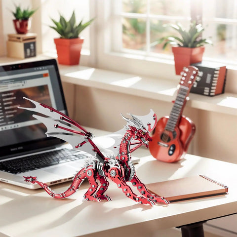 Metal Dragon 3D Model Kit for Adults Boss Level Build on a desk, detailed red finish, used as home office decor