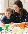 Child and parent using Fun Wooden Dinosaur Craft Kit For Kids Aged 4 To 8 3D DIY Painting Set With Six Dinosaur Figures Paints And Brushes
