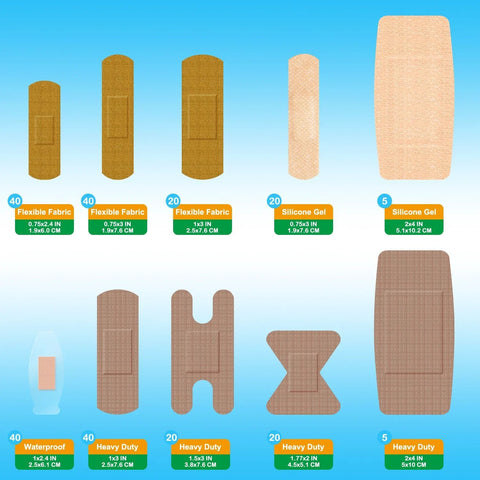 Hysimedy adhesive bandages variety pack, 210-count; fabric flexible, silicone gel, waterproof and heavy-duty styles