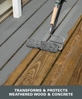 Applying Over Armor Solid Color Exterior Resurfacer Textured Coating In Slate Gray 1 Gallon with roller on wood deck