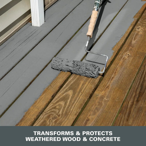 Applying Over Armor Solid Color Exterior Resurfacer Textured Coating In Slate Gray 1 Gallon with roller on wood deck