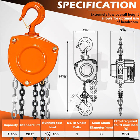 1 Ton Chain Hoist Manual Hand Lift 10 Ft Lift Steel Chain Block Hoist With 6mm Chain Heavy Duty Hooks Industrial Grade Specifications