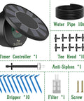 Components of Solar Powered Automatic Drip Irrigation System Kit For DIY Gardens And Indoor Outdoor Use With 9 Timing Modes And Anti Siphon Prevent Battery Backup Weatherproof IP65 Great For Balcony Patio And Yard, including timer, water pipe, drippers, and connectors.