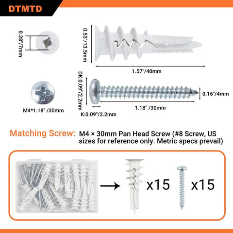 Self Drilling Drywall Anchors And Screws Kit Nylon Expansion Anchors With Metal Screws 1-1/2 Inch White No Pre Drill Required Holds Up To 75 Lbs Built Tough For Sheetrock And Hollow Walls Easy Mount Hanger Set, 30-piece kit with M4 x 30mm screws