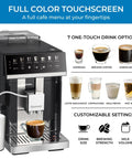 Heavy Hitter Fully Automatic Espresso Maker Featuring Bright Color Touchscreen with customizable settings and one-touch drink options.