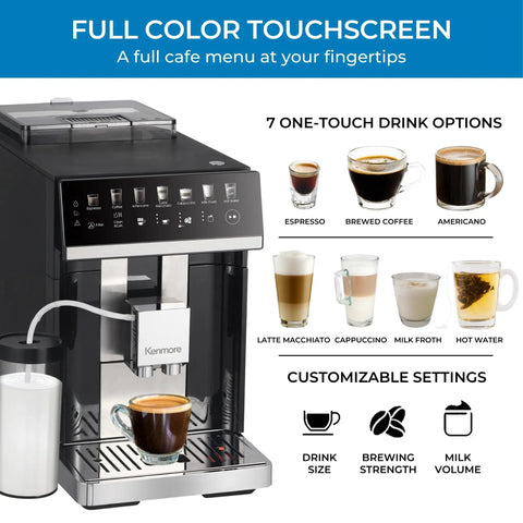 Heavy Hitter Fully Automatic Espresso Maker Featuring Bright Color Touchscreen with customizable settings and one-touch drink options.