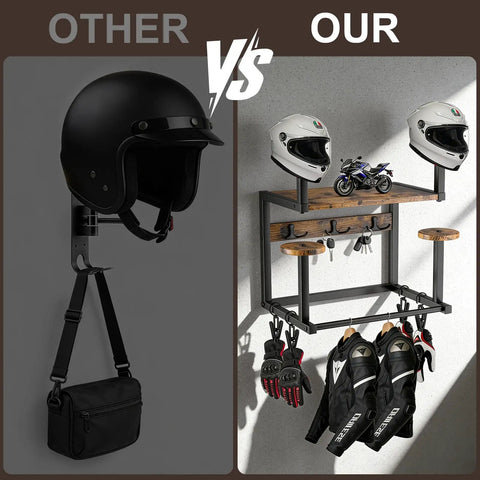 Comparison of Hella Sturdy Wooden Wall Mount Helmet Rack Featuring Four Deep Cradles For Motorcycles Dirt Bikes Ski Gear And Bucket Hats with traditional helmet storage.