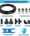 1/4 Inch Air Line Tubing Kit With 32.8 Feet PU Tube And 15 Push To Connect Fittings, Pro Grade Pneumatic Hose Set components