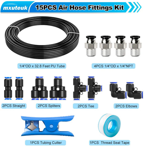 1/4 Inch Air Line Tubing Kit With 32.8 Feet PU Tube And 15 Push To Connect Fittings, Pro Grade Pneumatic Hose Set components