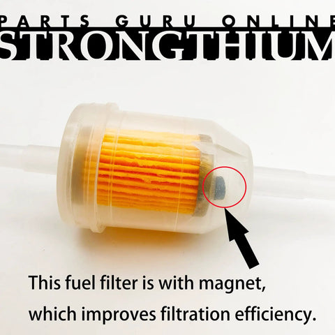 Inline Fuel Filter With Magnet For One Quarter And Five Sixteenth Inch Fuel Lines Fits Briggs And Stratton, John Deere, Kawasaki, Kohler, And More Great For Lawn Mowers, Small Tractors, Garden Tillers, Go Karts, ATVs Pack Of 20, showing clear casing and orange filter element, highlighted magnet