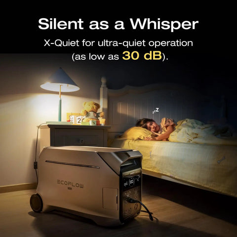Delta Pro 3 Portable Power Station With 4096Wh LFP Battery expandable, next to sleeping child, silent operation in a bedroom.