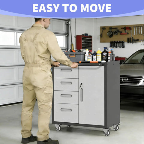 Person using Beefy Metal Garage Storage Cabinet On Wheels With Lockable Drawer And Shelves in garage