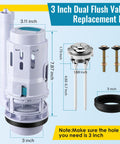 3 Inch Dual Flush Valve Replacement Kit with Top Push Button for Two Piece Toilets includes tank to bowl gasket and bolts