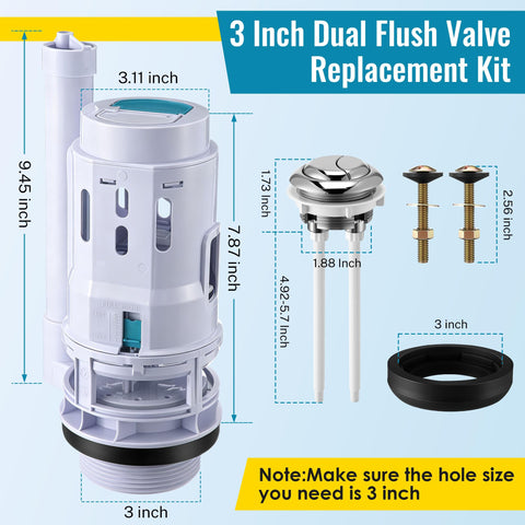 3 Inch Dual Flush Valve Replacement Kit with Top Push Button for Two Piece Toilets includes tank to bowl gasket and bolts